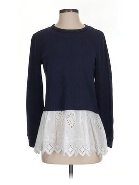 Marled Navy Long-Sleeve Top with White Eyelet Peplum